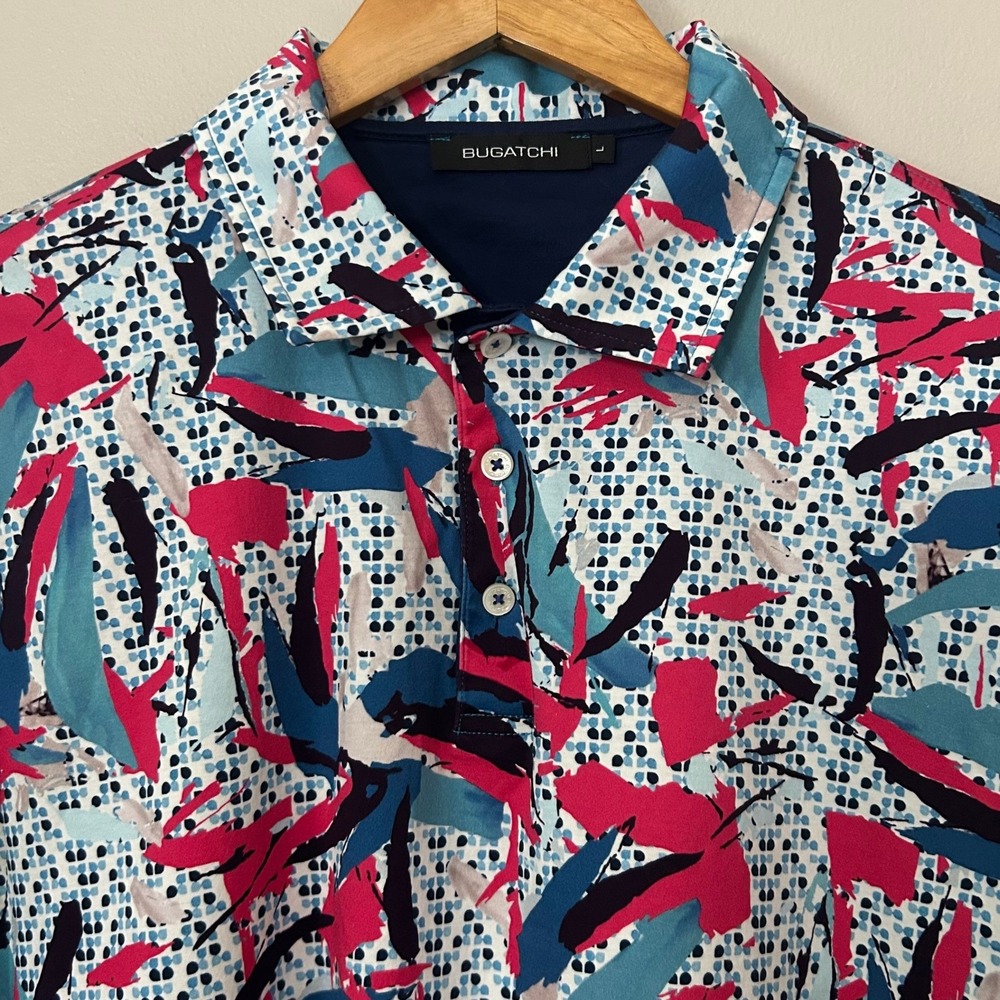 Bugatchi Shirt Men L Abstract Print Polo Mercerized Cotton Short Sleeve Golf
